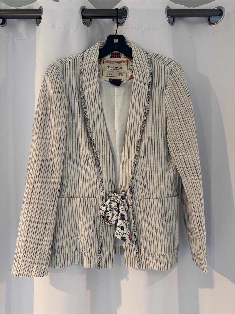 Anthropologie Striped Tie-Front Blazer in Cream and Navy. NWOT. Size 4.